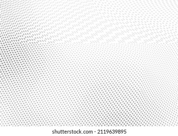 The halftone texture is chaotic monochrome. Abstract black and white waves background of dots. Backdrop for the design of websites, business cards, posters