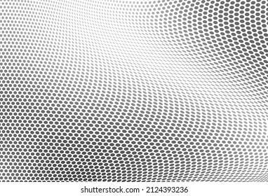 The halftone texture is chaotic monochrome. Abstract black and white waves background of dots. Backdrop for the design of websites, business cards, posters