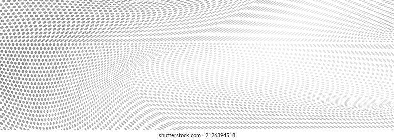 The halftone texture is chaotic monochrome. Abstract black and white waves background of dots. Backdrop for the design of websites, business cards, posters