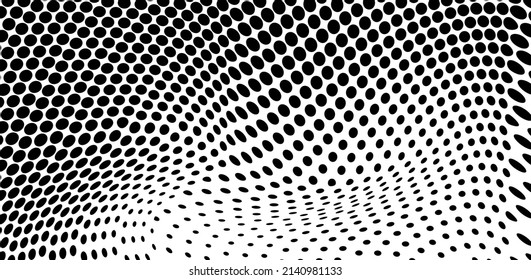 The halftone texture is chaotic monochrome. Abstract black and white waves background of dots. Backdrop for the design of websites, business cards, posters