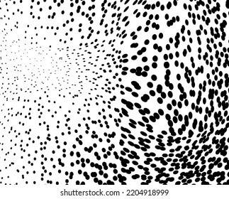 The halftone texture is chaotic monochrome. Abstract black and white waves background of dots. Backdrop for the design of websites, business cards, posters
