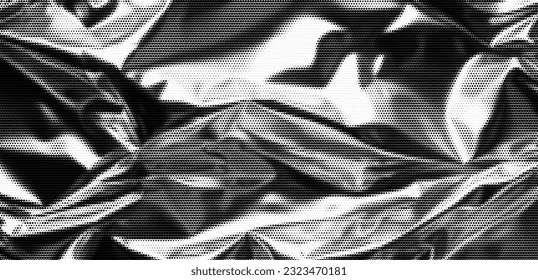 Halftone texture with crumpled paper or foil. Retro Effect. Background with dots and noise. Vector banner