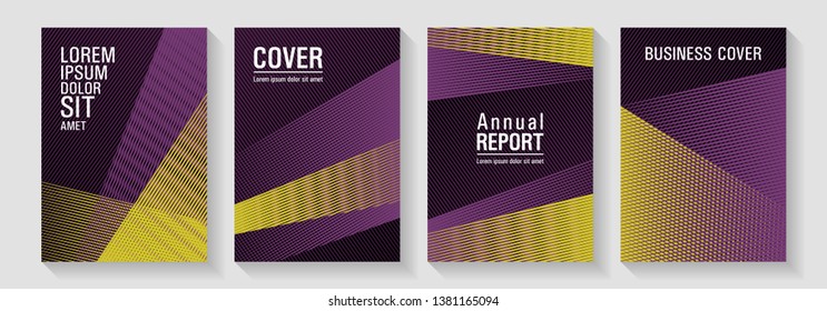 Halftone texture geometric shapes covers set vector design. Brochures, banners, business folders, flyers, catalogs backgrounds. Covers with halftone gradients, annual report templates. Diagonal lines.