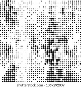 Halftone texture is monochrome. Abstract background of black dots on white. Vector chaotic pattern