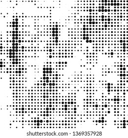 Halftone texture is monochrome. Abstract background of black dots on white. Vector chaotic pattern
