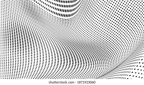 The halftone texture is monochrome. A wave of dots. Abstract black and white texture. Ink dots randomly placed on a white background. Pop art texture for printing on wrapping paper, business cards