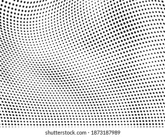 The halftone texture is monochrome. A wave of dots. Abstract black and white texture. Ink dots randomly placed on a white background. Pop art texture for printing on wrapping paper, business cards