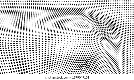 The halftone texture is monochrome. A wave of dots. Abstract black and white texture. Ink dots randomly placed on a white background. Pop art texture for printing on wrapping paper, business cards