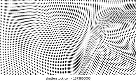 The halftone texture is monochrome. A wave of dots. Abstract black and white texture. Ink dots randomly placed on a white background. Pop art texture for printing on wrapping paper, business cards