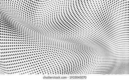 The halftone texture is monochrome. A wave of dots. Abstract black and white texture. Ink dots randomly placed on a white background. Pop art texture for printing on wrapping paper, business cards