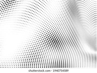 La textura media es monocroma. Una ola de puntos. Resumen de textura en blanco y negro. Los puntos de tinta se colocan al azar sobre un fondo blanco. Textura de arte pop para imprimir en papel envolvente, tarjetas de visita
