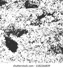 Halftone texture is radial. Black and white pattern for printing. Abstract background of dots