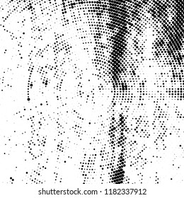 Halftone texture is radial. Black and white pattern for printing. Abstract background of dots