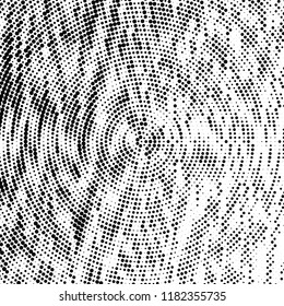 Halftone texture is radial. Black and white pattern for printing. Abstract background of dots