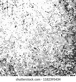Halftone texture is radial. Black and white pattern for printing. Abstract background of dots