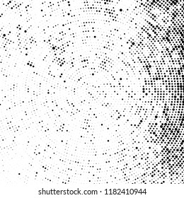 Halftone texture is radial. Black and white pattern for printing. Abstract background of dots