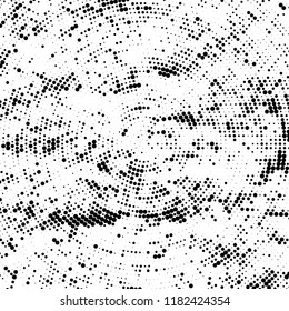 Halftone texture is radial. Black and white pattern for printing. Abstract background of dots