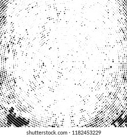 Halftone texture is radial. Black and white pattern for printing. Abstract background of dots