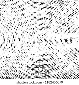 Halftone texture is radial. Black and white pattern for printing. Abstract background of dots