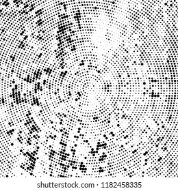 Halftone texture is radial. Black and white pattern for printing. Abstract background of dots