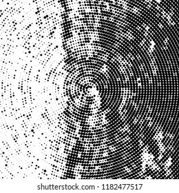 Halftone texture is radial. Black and white pattern for printing. Abstract background of dots