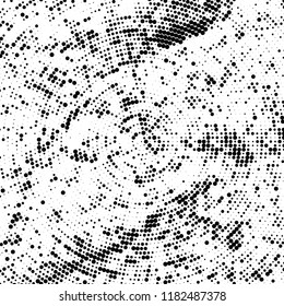 Halftone texture is radial. Black and white pattern for printing. Abstract background of dots