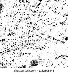 Halftone texture is radial. Black and white pattern for printing. Abstract background of dots