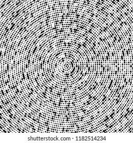 Halftone texture is radial. Black and white pattern for printing. Abstract background of dots