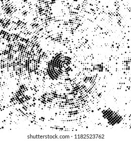 Halftone texture is radial. Black and white pattern for printing. Abstract background of dots