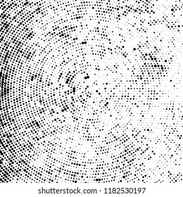 Halftone texture is radial. Black and white pattern for printing. Abstract background of dots