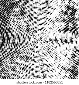 Halftone texture is radial. Black and white pattern for printing. Abstract background of dots