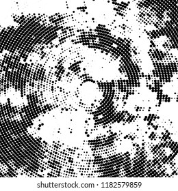 Halftone texture is radial. Black and white pattern for printing. Abstract background of dots