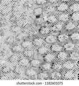 Halftone texture is radial. Black and white pattern for printing. Abstract background of dots