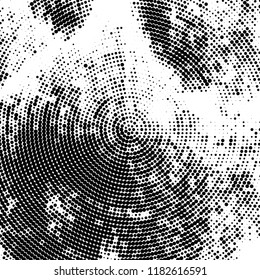 Halftone texture is radial. Black and white pattern for printing. Abstract background of dots