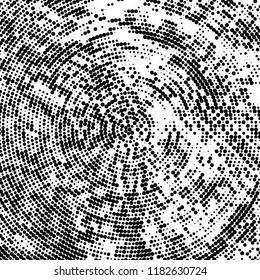 Halftone texture is radial. Black and white pattern for printing. Abstract background of dots