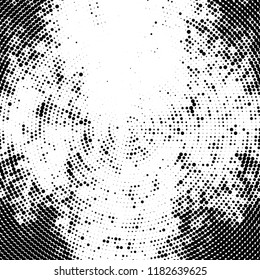 Halftone texture is radial. Black and white pattern for printing. Abstract background of dots
