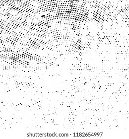 Halftone texture is radial. Black and white pattern for printing. Abstract background of dots