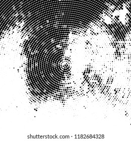 Halftone texture is radial. Black and white pattern for printing. Abstract background of dots