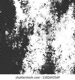 Halftone texture is radial. Black and white pattern for printing. Abstract background of dots