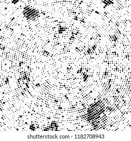 Halftone texture is radial. Black and white pattern for printing. Abstract background of dots