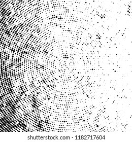 Halftone texture is radial. Black and white pattern for printing. Abstract background of dots