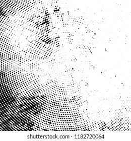 Halftone texture is radial. Black and white pattern for printing. Abstract background of dots