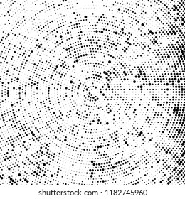 Halftone texture is radial. Black and white pattern for printing. Abstract background of dots