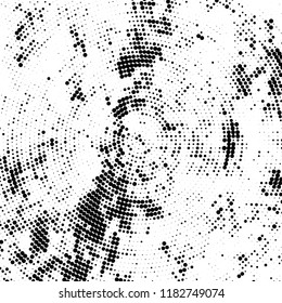 Halftone texture is radial. Black and white pattern for printing. Abstract background of dots