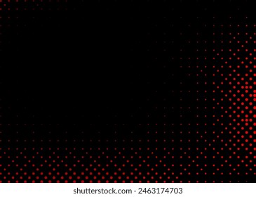 Textura de semitonos con puntos rojos sobre fondo negro. Minimalismo, Vector. Fondo para carteles, Sitios web, tarjetas de visita, diseño de postales