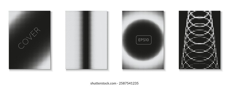 Halftone Texture Set. 1980 White And Black  Flyer. Wave Cover. White Line Poster. Modern Shapes In Tech Layout. Young Hipster Design On Annual Page. Black Halftone Texture
