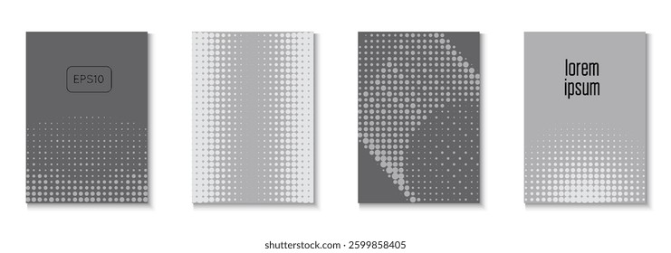 Halftone Texture Set. Brand Poster. Summer Art In Minimal Design. Linear Shapes In Annual Frame. Greyscale Line Cover. Abstract Grey And Black  Flyer. White Halftone Texture