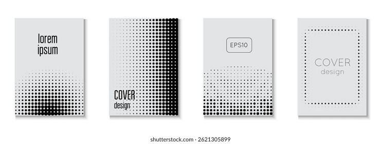 Halftone Texture Set. Cool Memphis Art With Circles. Futuristic Elements On Flat Page. White Abstract Cover. Business White And Black  Flyer. Graphic Poster. Black Halftone Texture