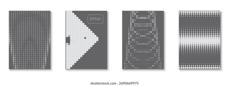 Conjunto De Texturas De Meio-Tom. Modelo de Onda em Escala de Cinza. Pontos Cinza E Branco Flyer. Formas Modernas No Layout Tecnológico. Jovem Hipster Design Na Página Anual. Padrão Gráfico. Textura de Meio-Tom Preto