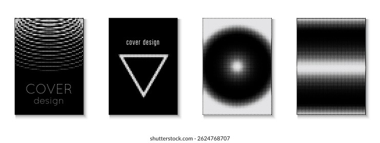 Halftone Texture Set. Line White And Black  Flyer. Black Abstract Poster. Cool Memphis Art With Circles. Dynamic Elements In 2d Presentation. Music Cover. White Halftone Texture